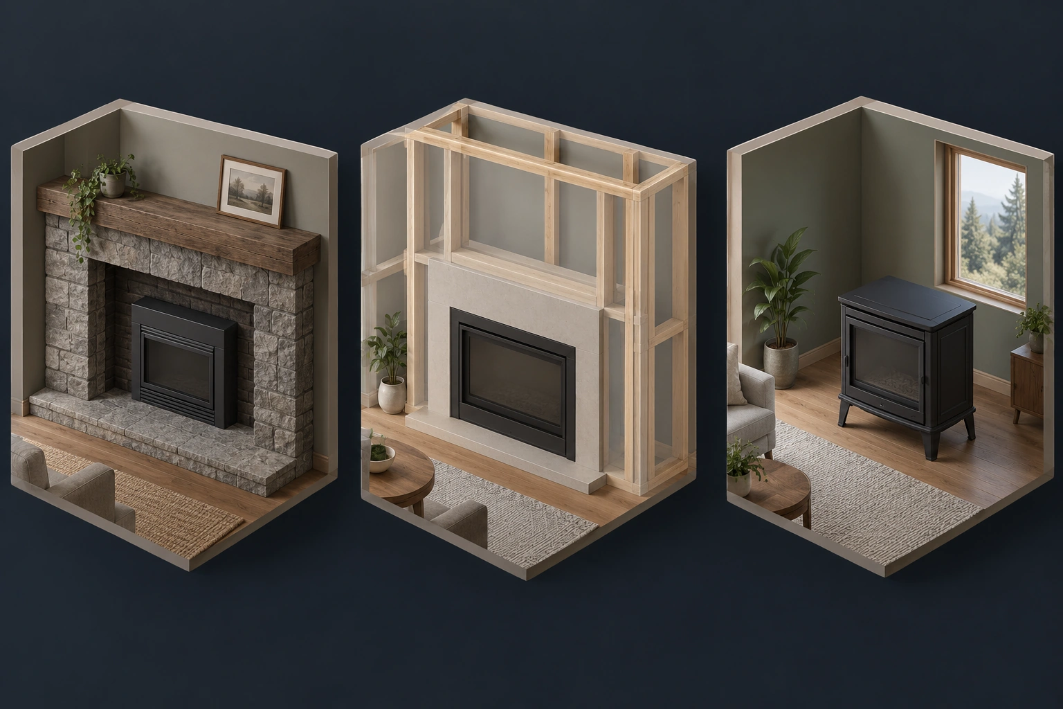 Three independent conceptual room settings compare a gas insert within an existing opening, a built-in fireplace within surrounding construction and a separate freestanding appliance.