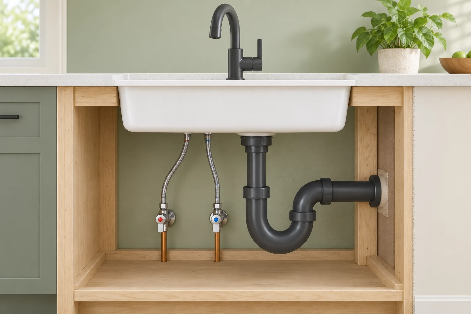 A white sink and dark faucet sit above two slim supply connections and a larger dark drain. Flexible supply hoses rise behind the basin. The drain curves below the sink and has an outlet extending toward the wall.