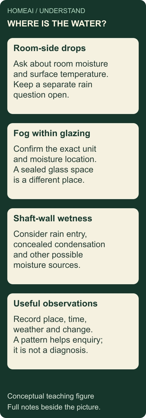 Water location changes the investigation. Original labelled conceptual comparison or sequence; all explanations are also static text below.