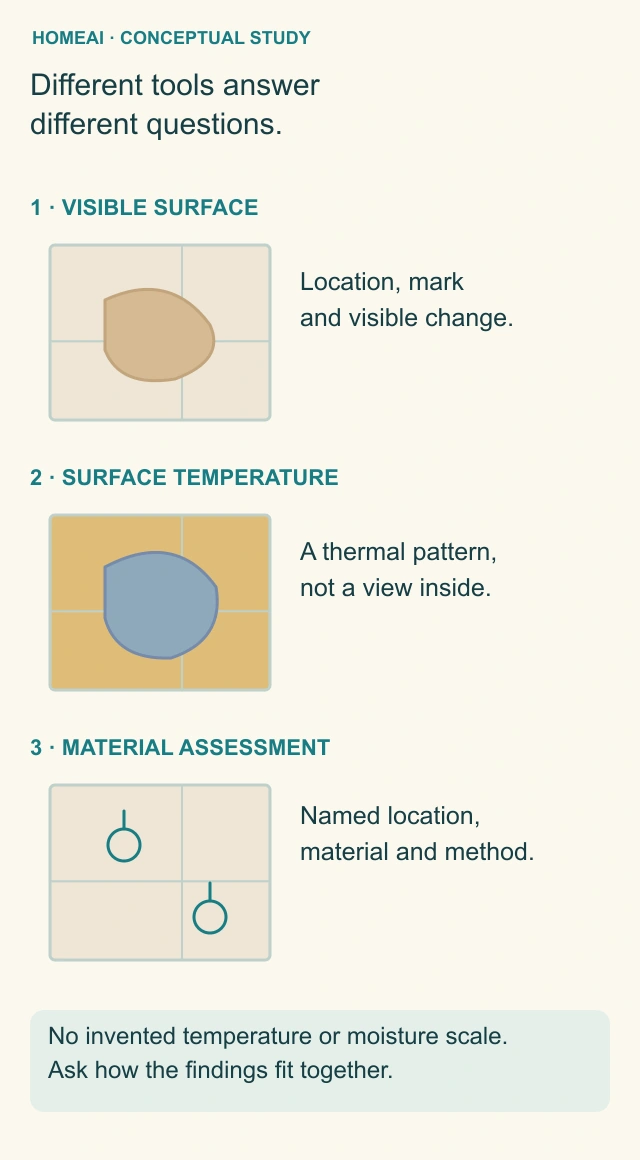 Three conceptual wall views compare a visible mark, an unscaled surface-temperature pattern and identified material-assessment locations without actual readings.