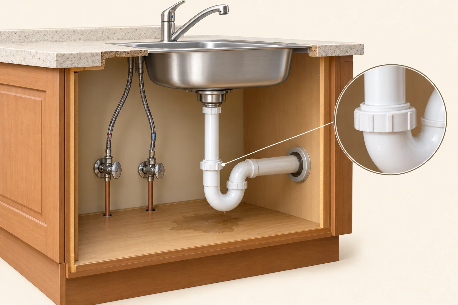 Open kitchen cabinet shows floor-entry supply risers, local valves, braided hoses, basin tailpiece, curved trap and drain arm into the wall, with a drain-nut close-up.