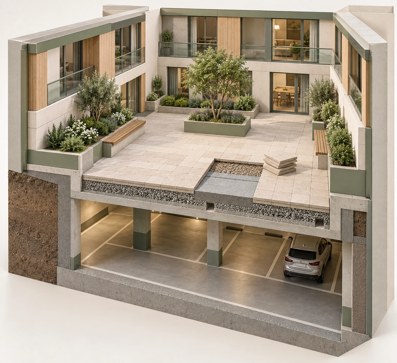 Courtyard with lifted paving patch, stacked pavers and parking below; conceptual assembly, not installed membrane design.