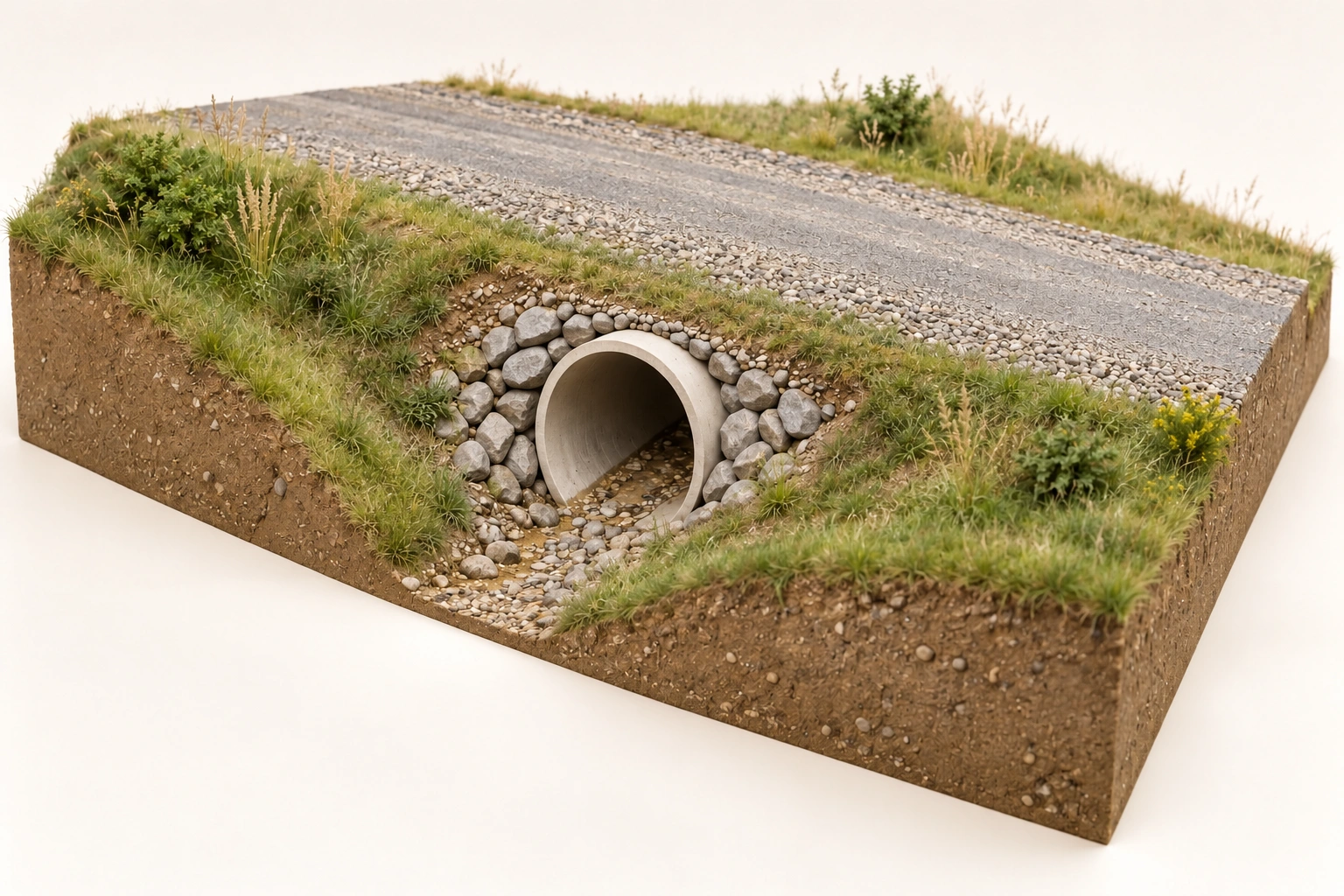 single culvert mouth beneath road; continuation hidden, no outlet/size/capacity or installed design.