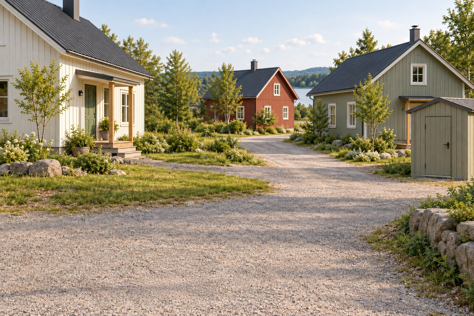 shared-lane context with houses and closed outbuilding, no anatomy or concealed services.