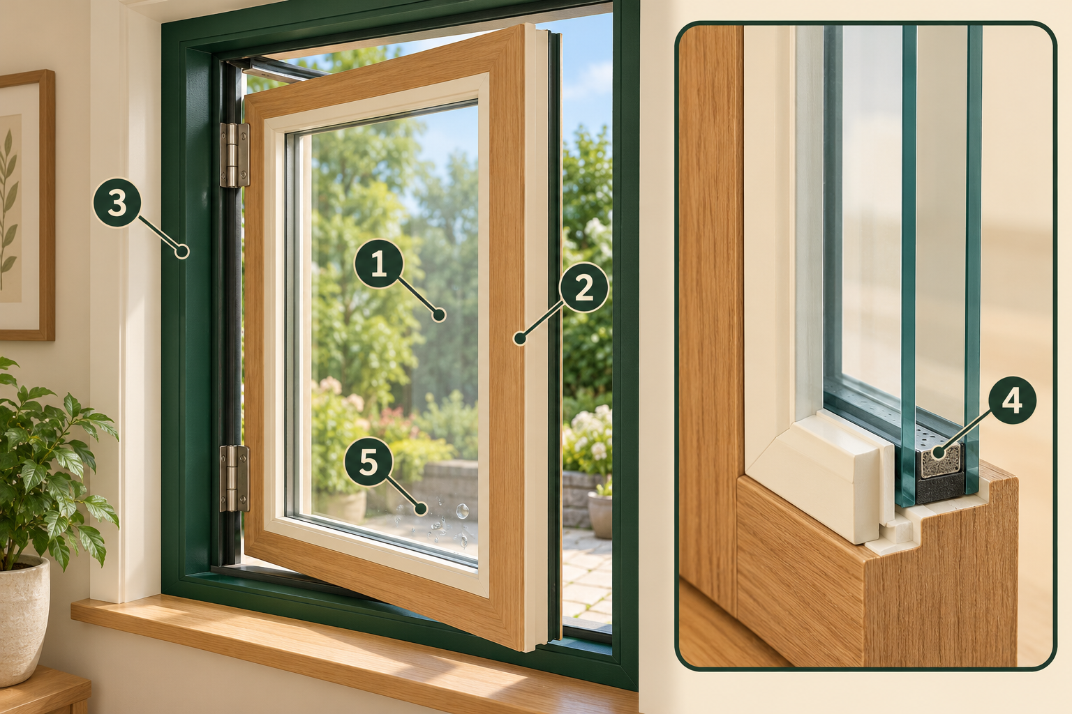 Conceptual window with a fixed green frame, a hinged timber sash shown partly ajar, lower room-side water beads, and a separate enlarged two-pane edge section showing the spacer.