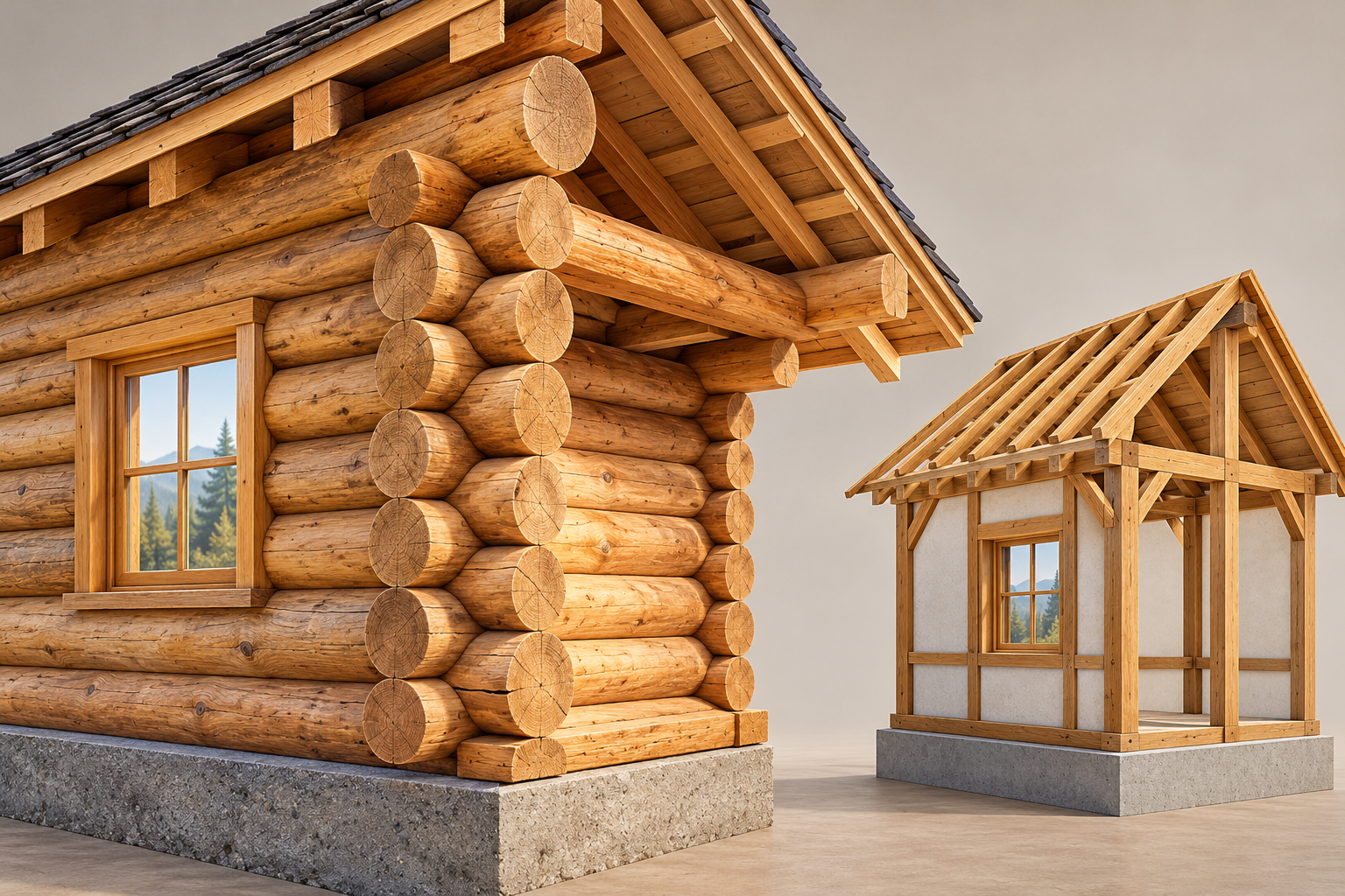 Stacked logs and a timber frame do different jobs. On the left, horizontal logs form the wall beneath the roof. The separate frame-and-infill example on the right shows another construction approach, so a timber appearance alone cannot identify the home’s structure.