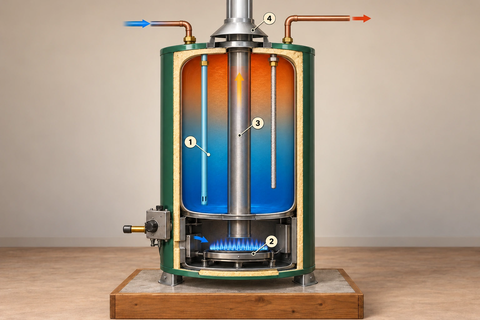 Conceptual atmospheric gas storage heater cutaway shows a filled water vessel, dry burner below, separate central flue and draft hood, with four numbered parts.